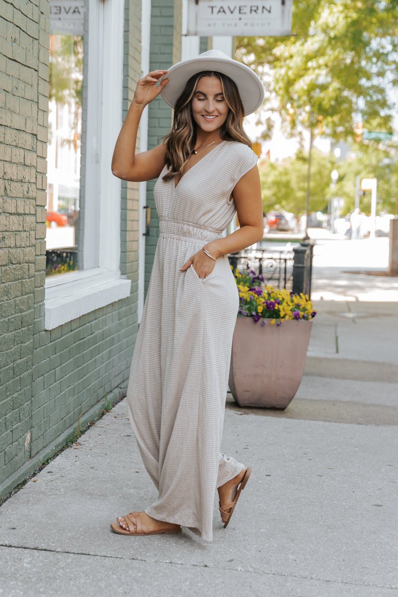 Taupe Striped Wide Leg Jumpsuit - Magnolia Boutique