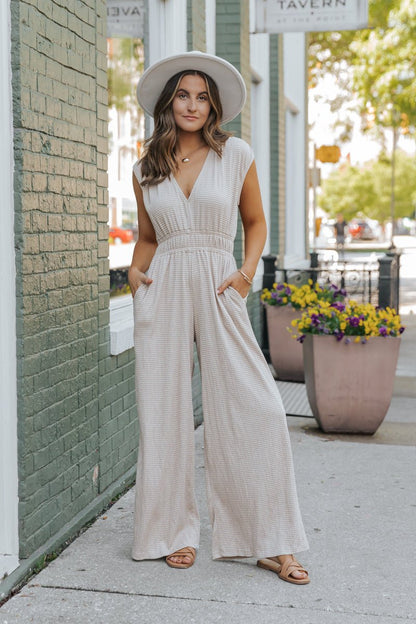 Taupe Striped Wide Leg Jumpsuit - Magnolia Boutique