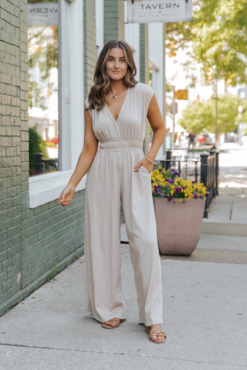 Taupe Striped Wide Leg Jumpsuit - Magnolia Boutique