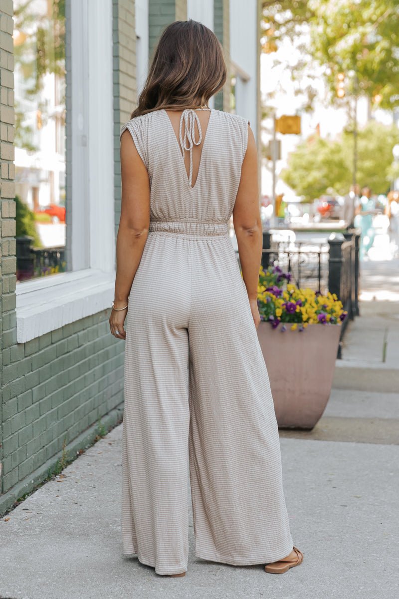 Taupe Striped Wide Leg Jumpsuit - Magnolia Boutique