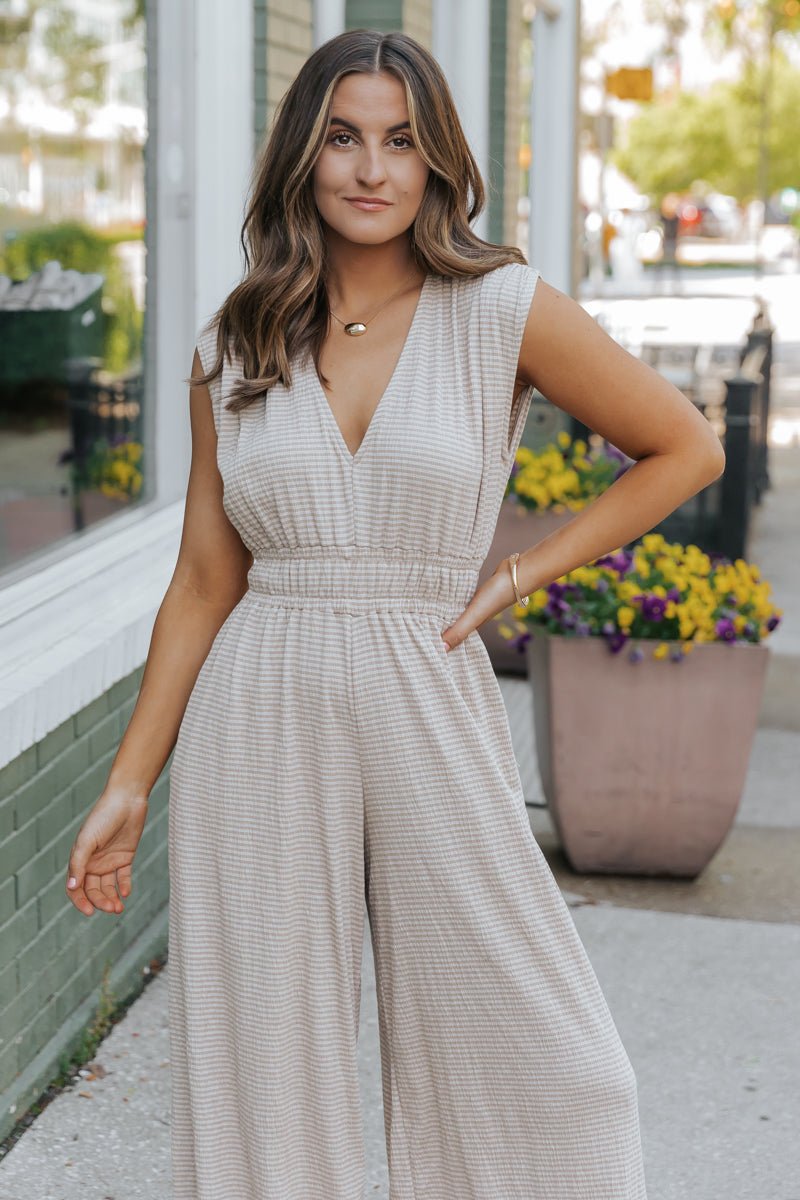 Taupe Striped Wide Leg Jumpsuit - Magnolia Boutique