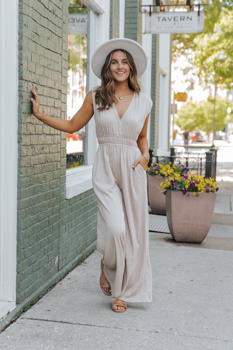 Taupe Striped Wide Leg Jumpsuit - Magnolia Boutique