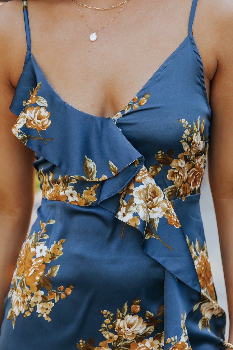 Teal Floral Print Wrap Satin Maxi Dress - Magnolia Boutique