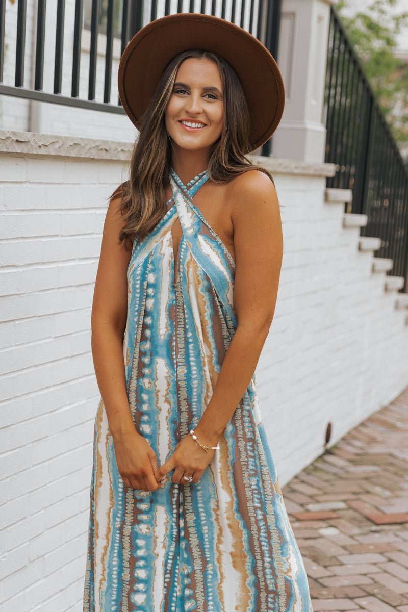 Teal Print Cross Front Halter Jumpsuit - Magnolia Boutique