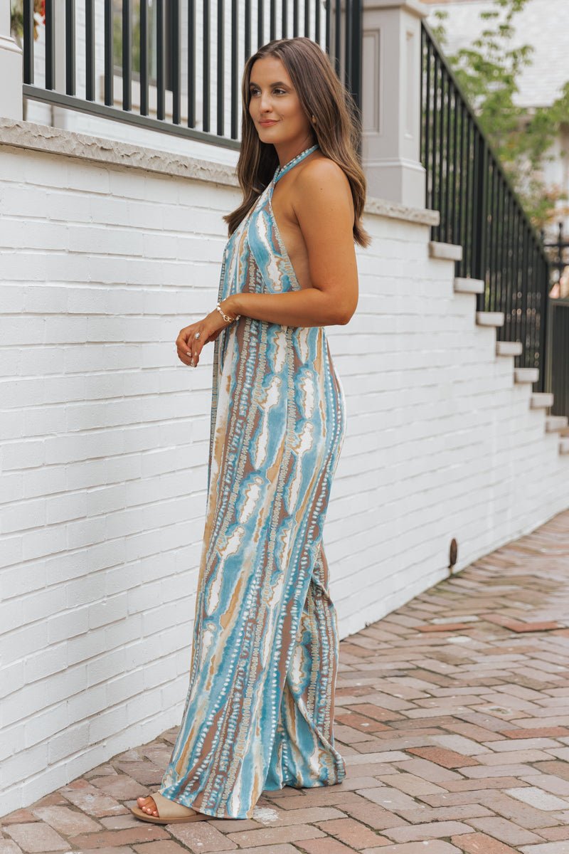 Teal Print Cross Front Halter Jumpsuit - Magnolia Boutique