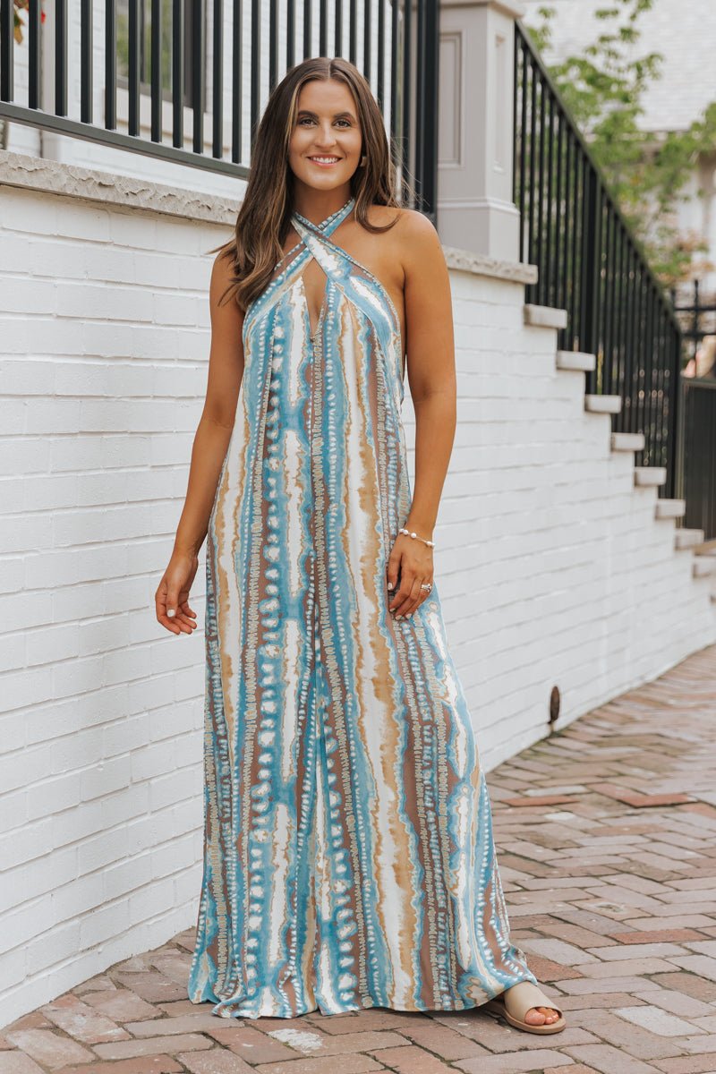 Teal Print Cross Front Halter Jumpsuit - Magnolia Boutique