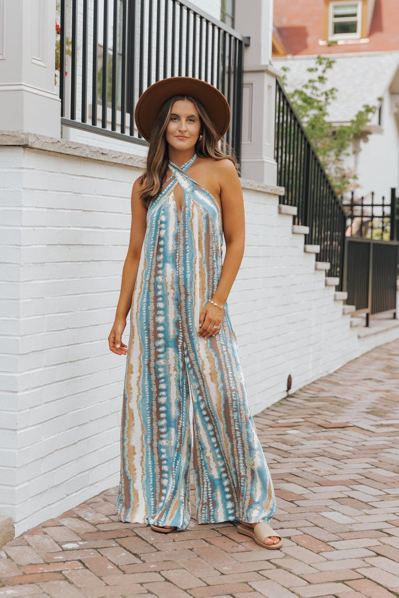 Teal Print Cross Front Halter Jumpsuit - Magnolia Boutique