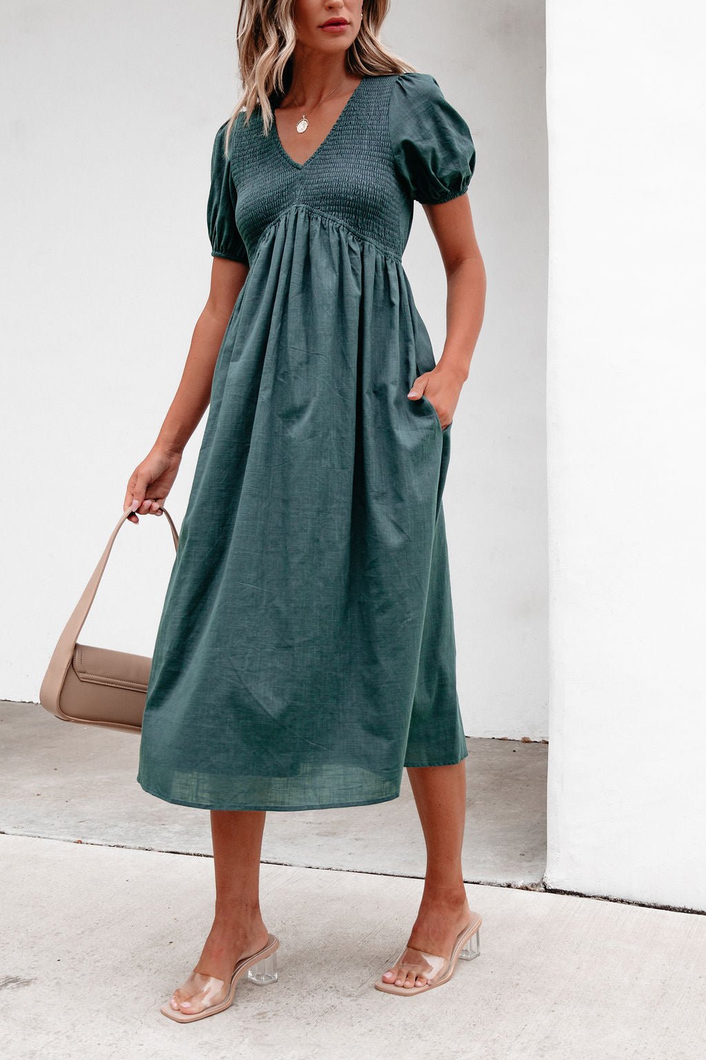 Teal Puff Sleeve Textured Midi Dress - Magnolia Boutique