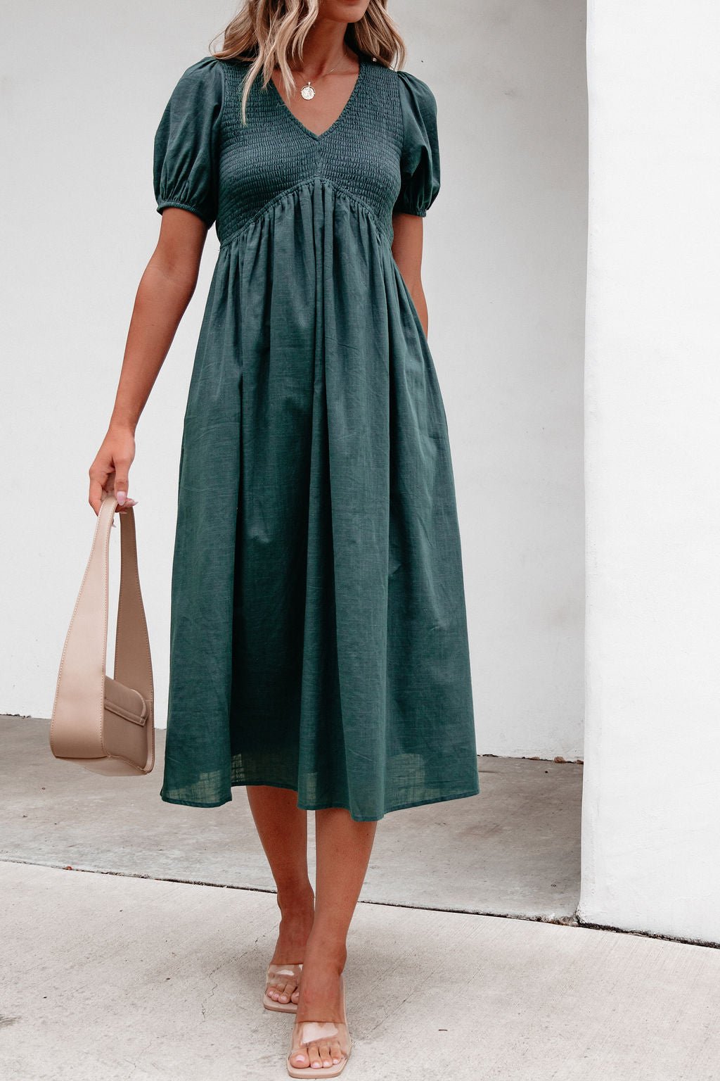 Teal Puff Sleeve Textured Midi Dress - Magnolia Boutique