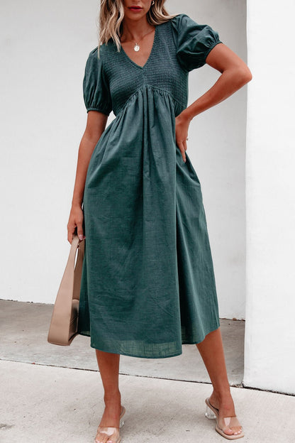 Teal Puff Sleeve Textured Midi Dress - Magnolia Boutique