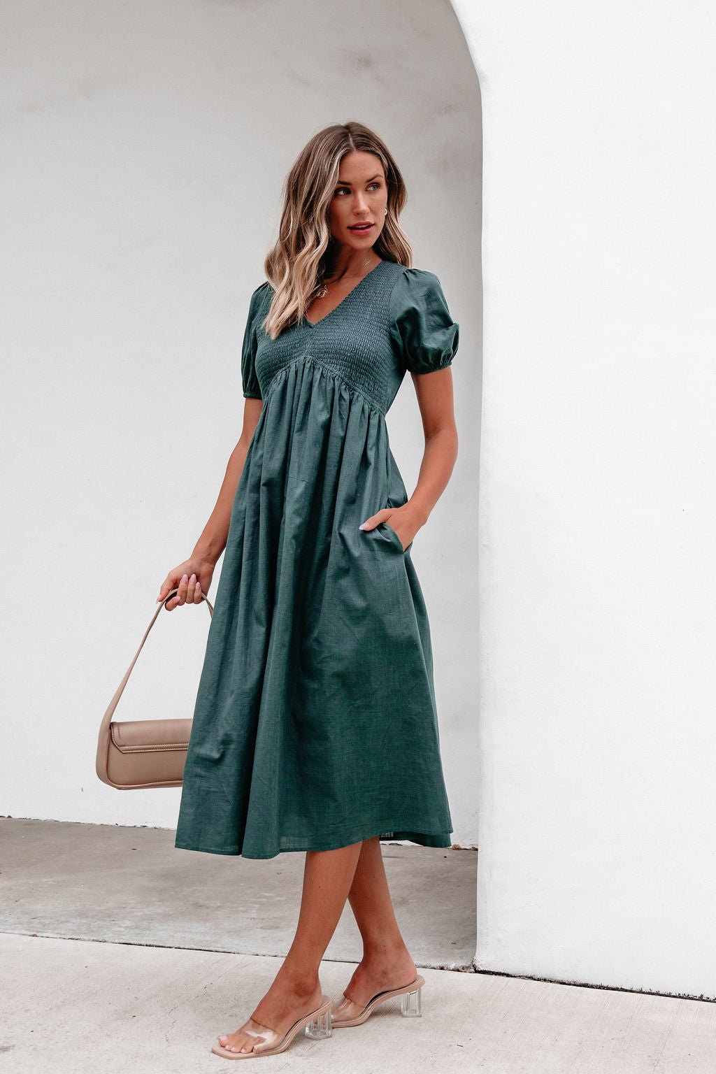 Teal Puff Sleeve Textured Midi Dress - Magnolia Boutique