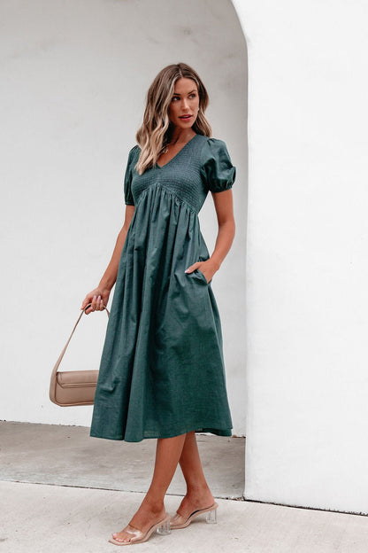 Teal Puff Sleeve Textured Midi Dress - Magnolia Boutique