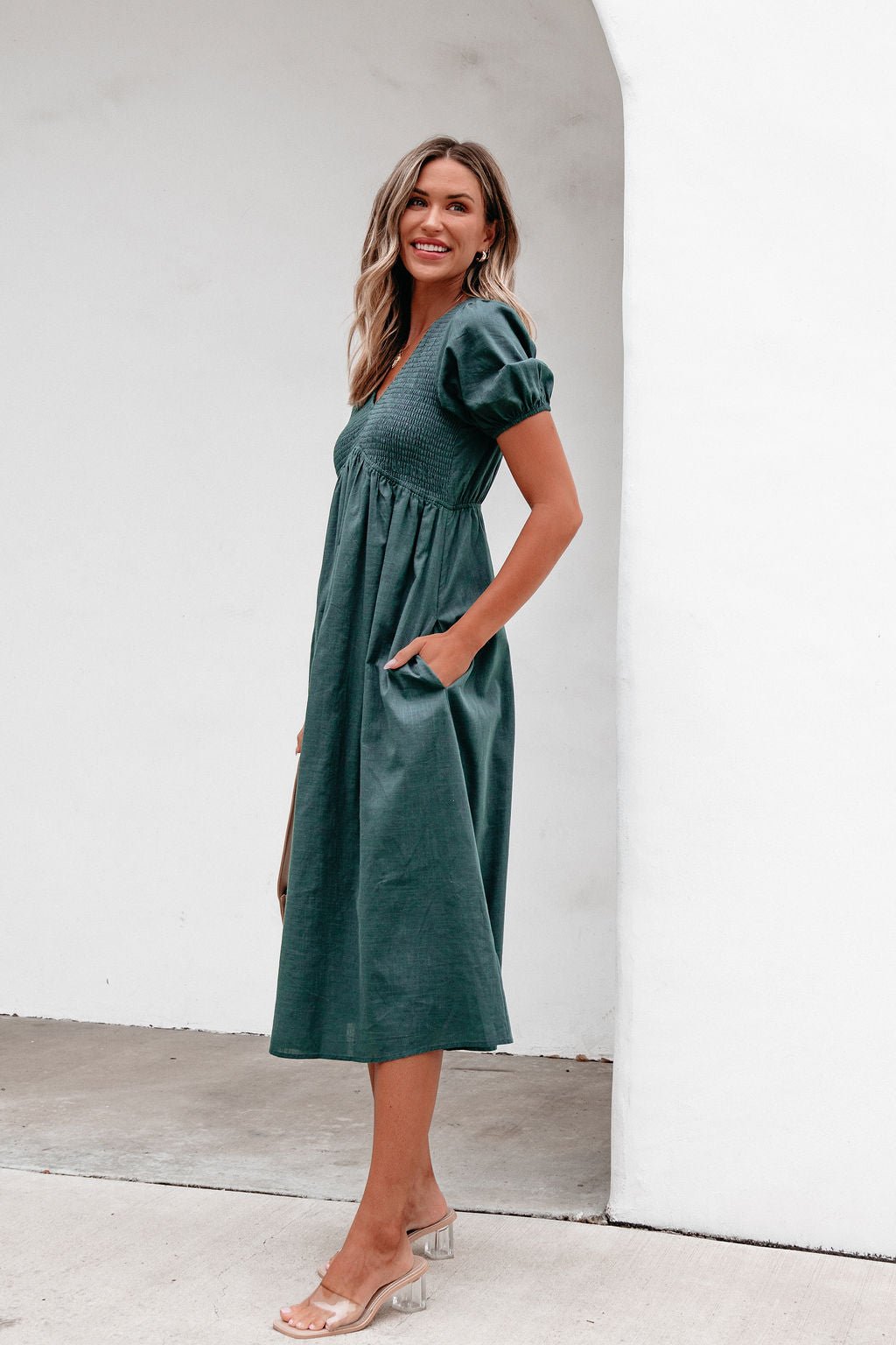 Teal Puff Sleeve Textured Midi Dress - Magnolia Boutique