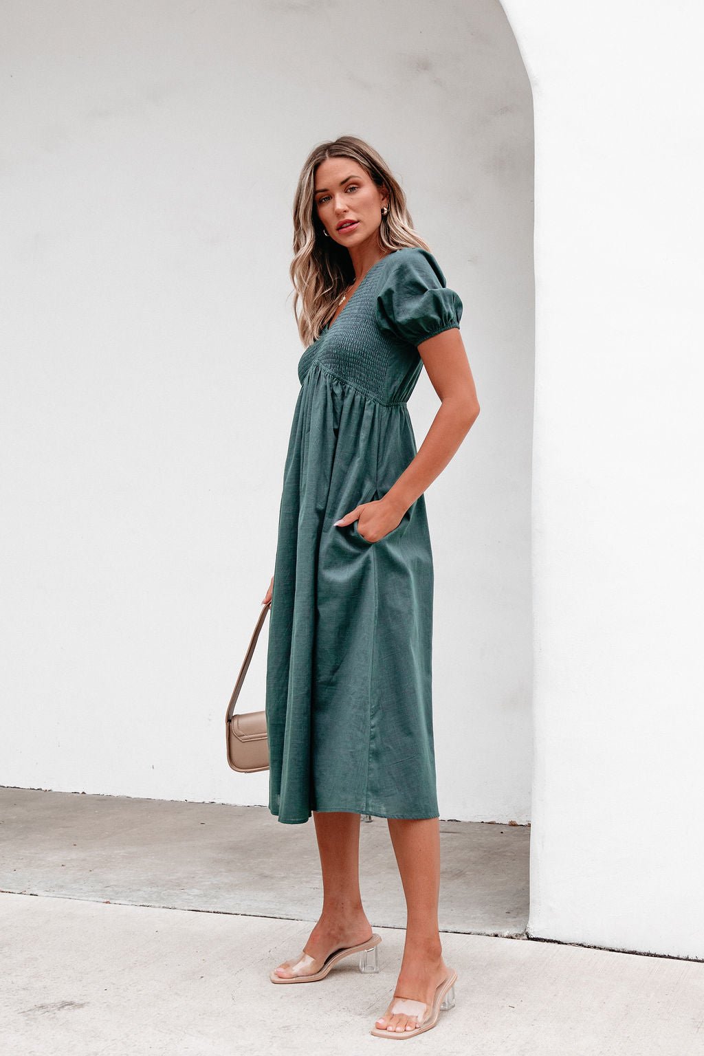 Teal Puff Sleeve Textured Midi Dress - Magnolia Boutique