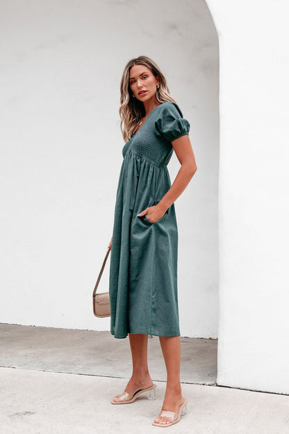 Teal Puff Sleeve Textured Midi Dress - Magnolia Boutique