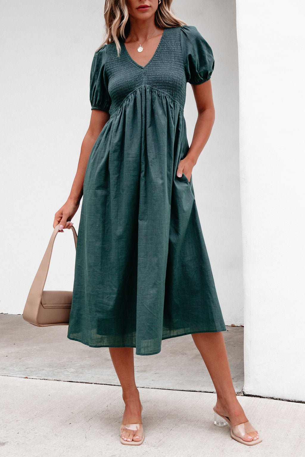 Teal Puff Sleeve Textured Midi Dress - Magnolia Boutique