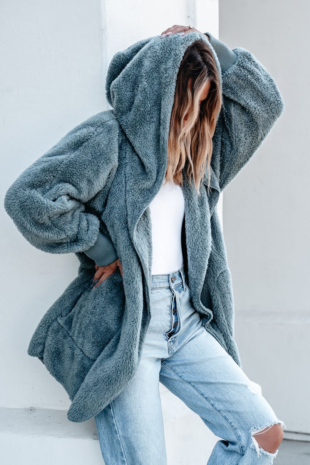 Teddy Fleece Hooded Cardigan - Blue Grey - Magnolia Boutique