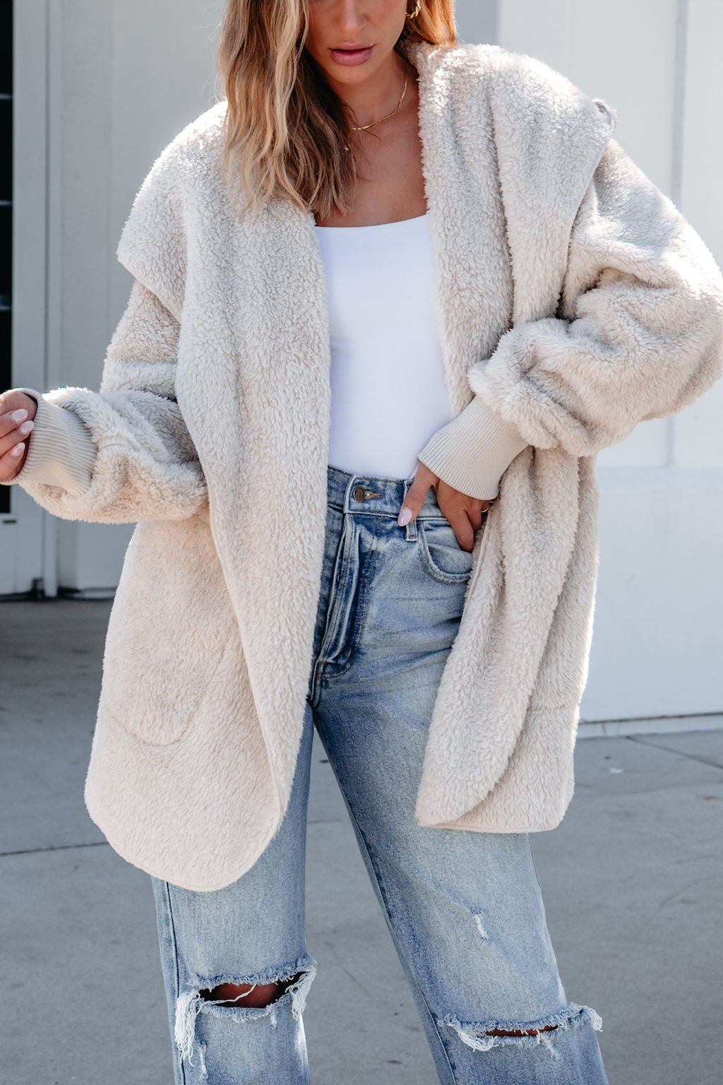 Teddy Fleece Hooded Cardigan - Cream - Magnolia Boutique