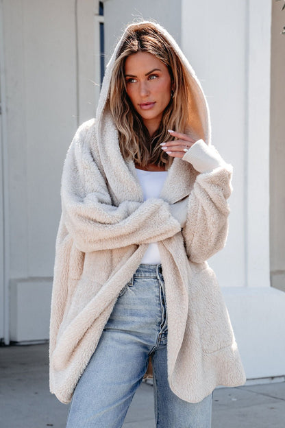 Teddy Fleece Hooded Cardigan - Cream - Magnolia Boutique