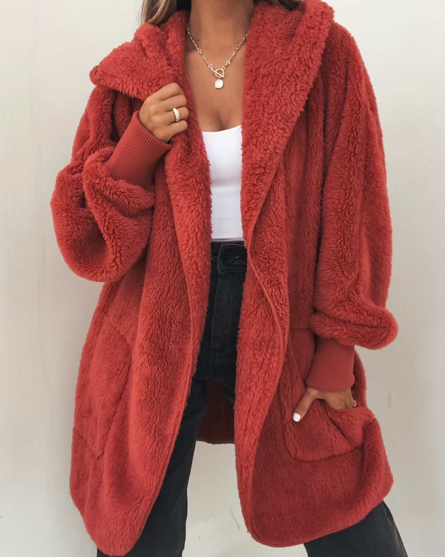 Teddy Fleece Hooded Cardigan - Red | Pre Order - Magnolia Boutique