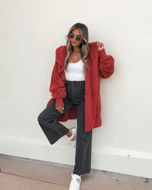 Teddy Fleece Hooded Cardigan - Red | Pre Order - Magnolia Boutique