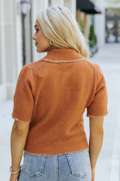 Terracotta Contrast Stitch Button Up Sweater - Magnolia Boutique