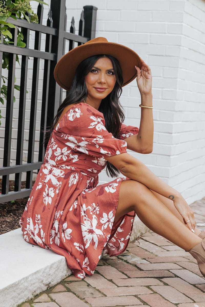 Terracotta Floral Print Pleated Mini Dress - Magnolia Boutique