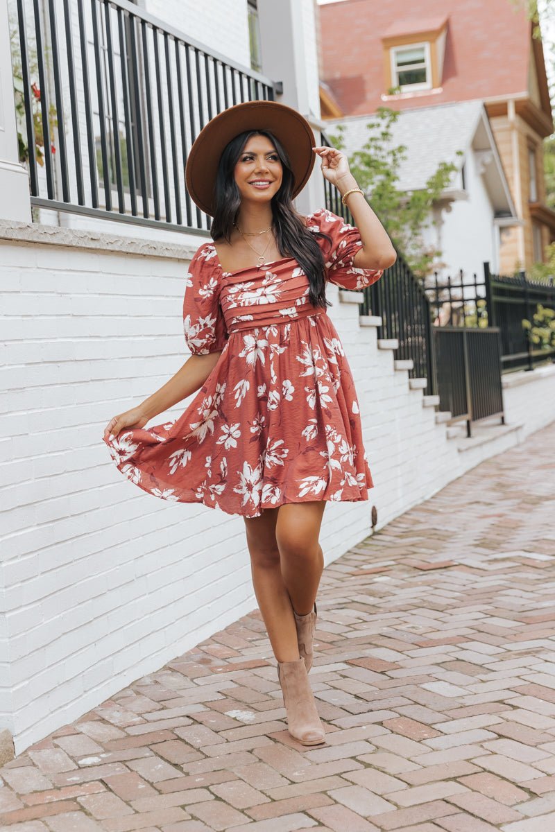 Terracotta Floral Print Pleated Mini Dress - Magnolia Boutique