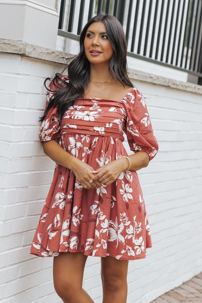 Terracotta Floral Print Pleated Mini Dress - Magnolia Boutique