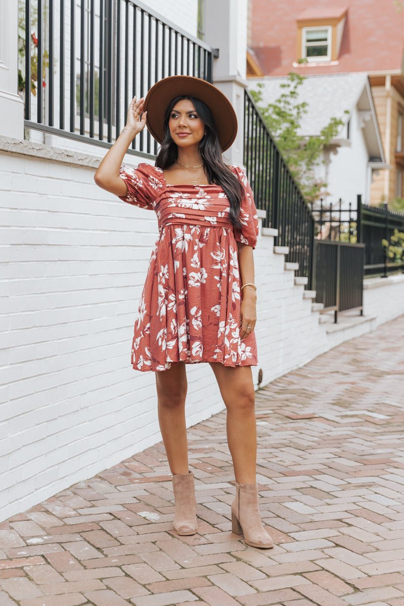 Terracotta Floral Print Pleated Mini Dress - Magnolia Boutique