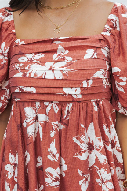 Terracotta Floral Print Pleated Mini Dress - Magnolia Boutique