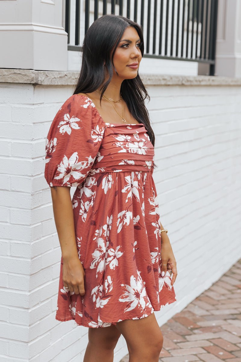 Terracotta Floral Print Pleated Mini Dress - Magnolia Boutique