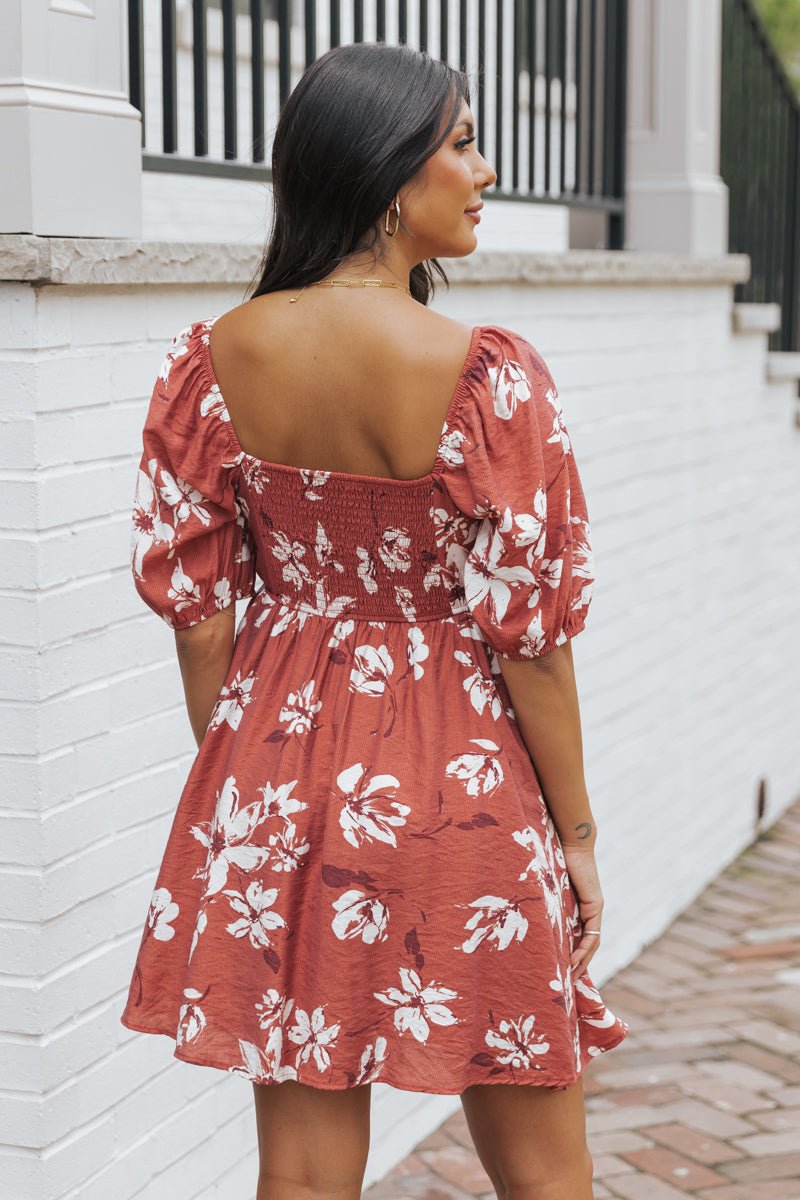 Terracotta Floral Print Pleated Mini Dress - Magnolia Boutique