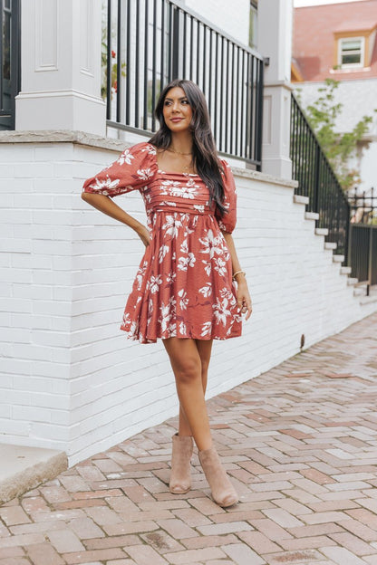 Terracotta Floral Print Pleated Mini Dress - Magnolia Boutique