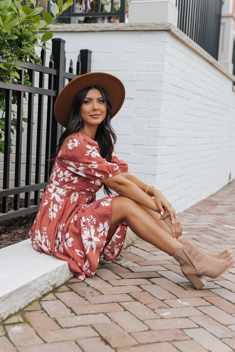 Terracotta Floral Print Pleated Mini Dress - Magnolia Boutique