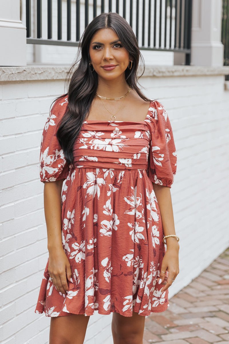 Terracotta Floral Print Pleated Mini Dress - Magnolia Boutique