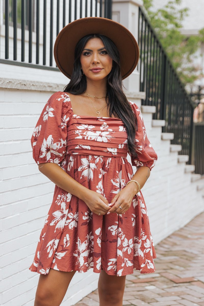 Terracotta Floral Print Pleated Mini Dress - Magnolia Boutique