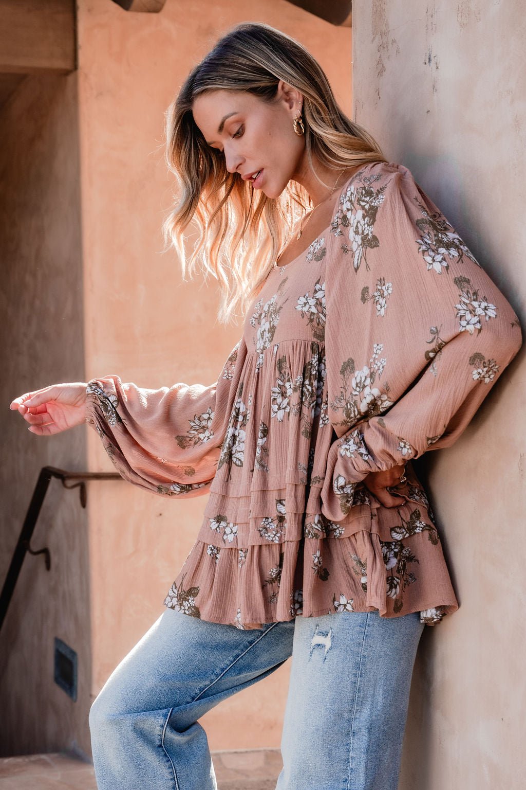 Terracotta Floral Print Pleated Tunic - Magnolia Boutique