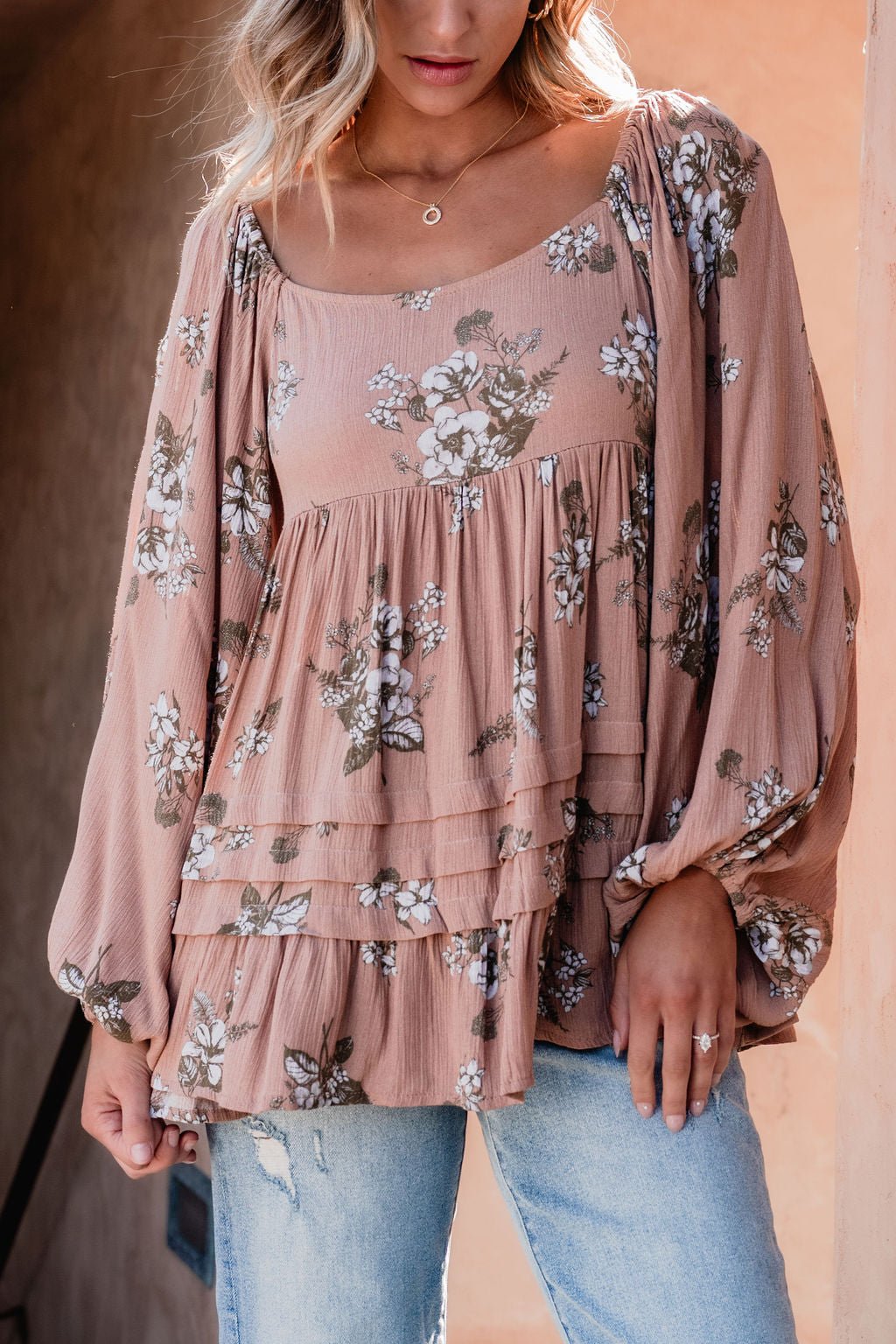 Terracotta Floral Print Pleated Tunic - Magnolia Boutique