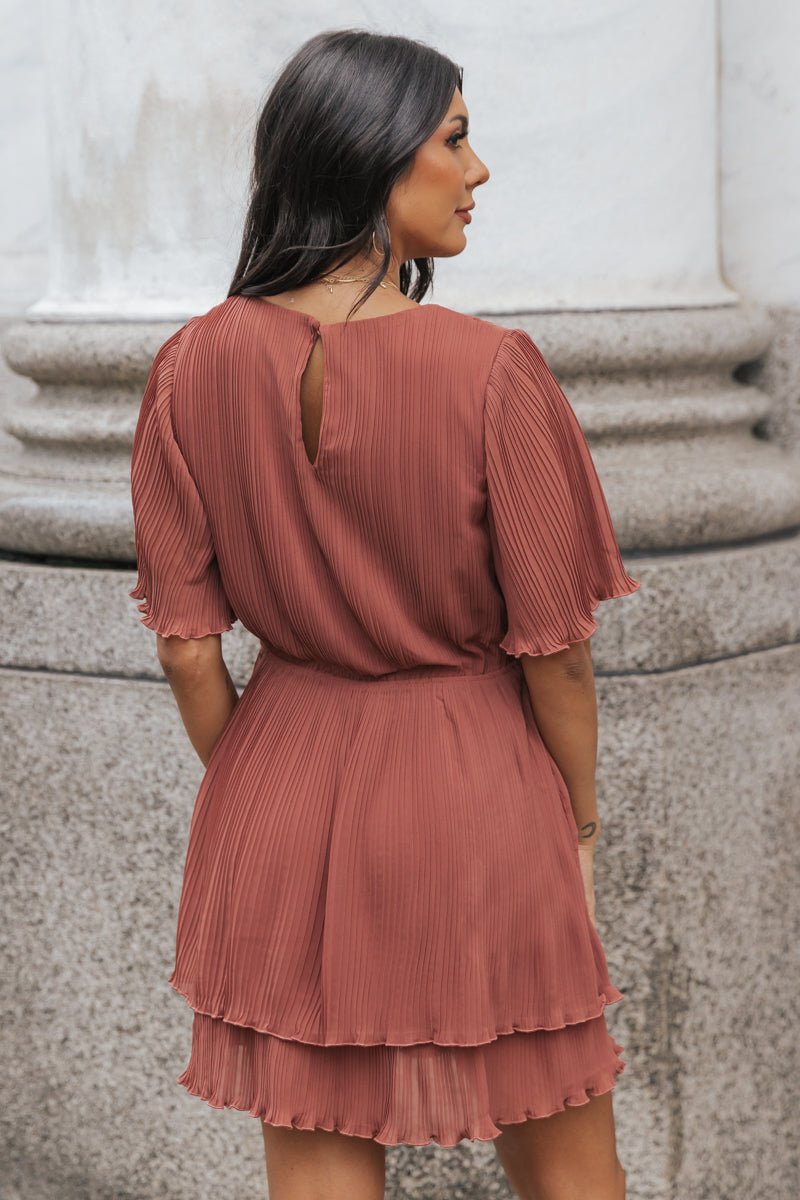 Terracotta Satin Pleated Mini Dress - Magnolia Boutique