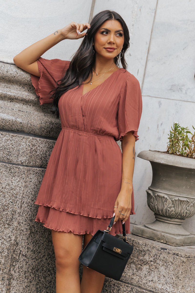 Terracotta Satin Pleated Mini Dress - Magnolia Boutique