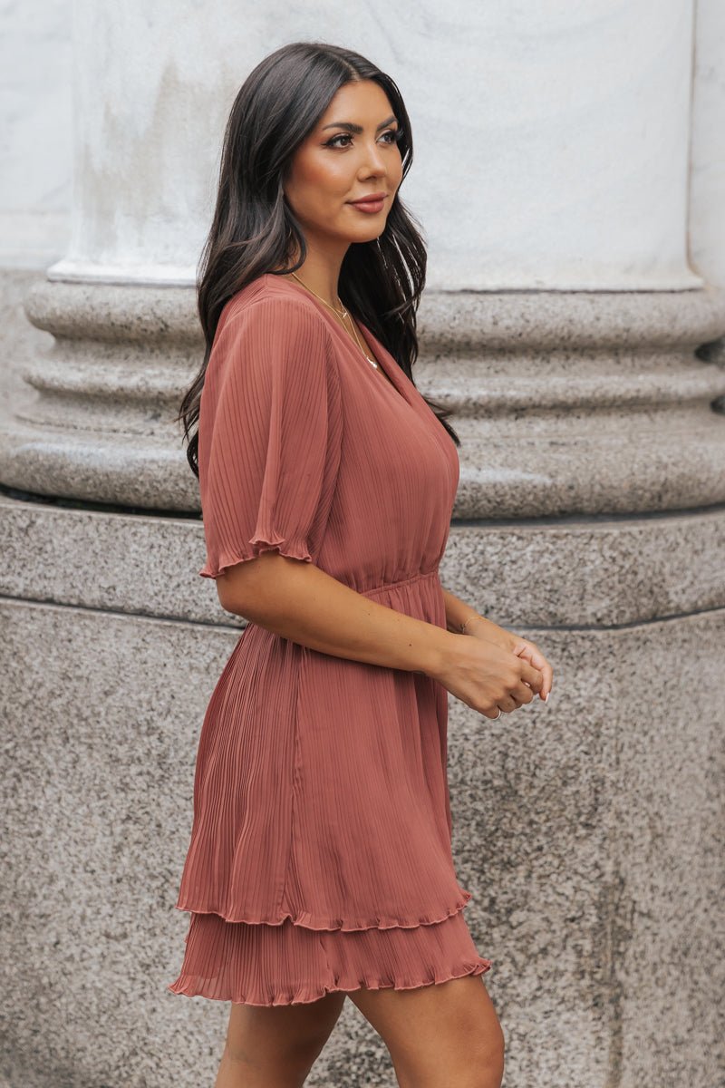 Terracotta Satin Pleated Mini Dress - Magnolia Boutique