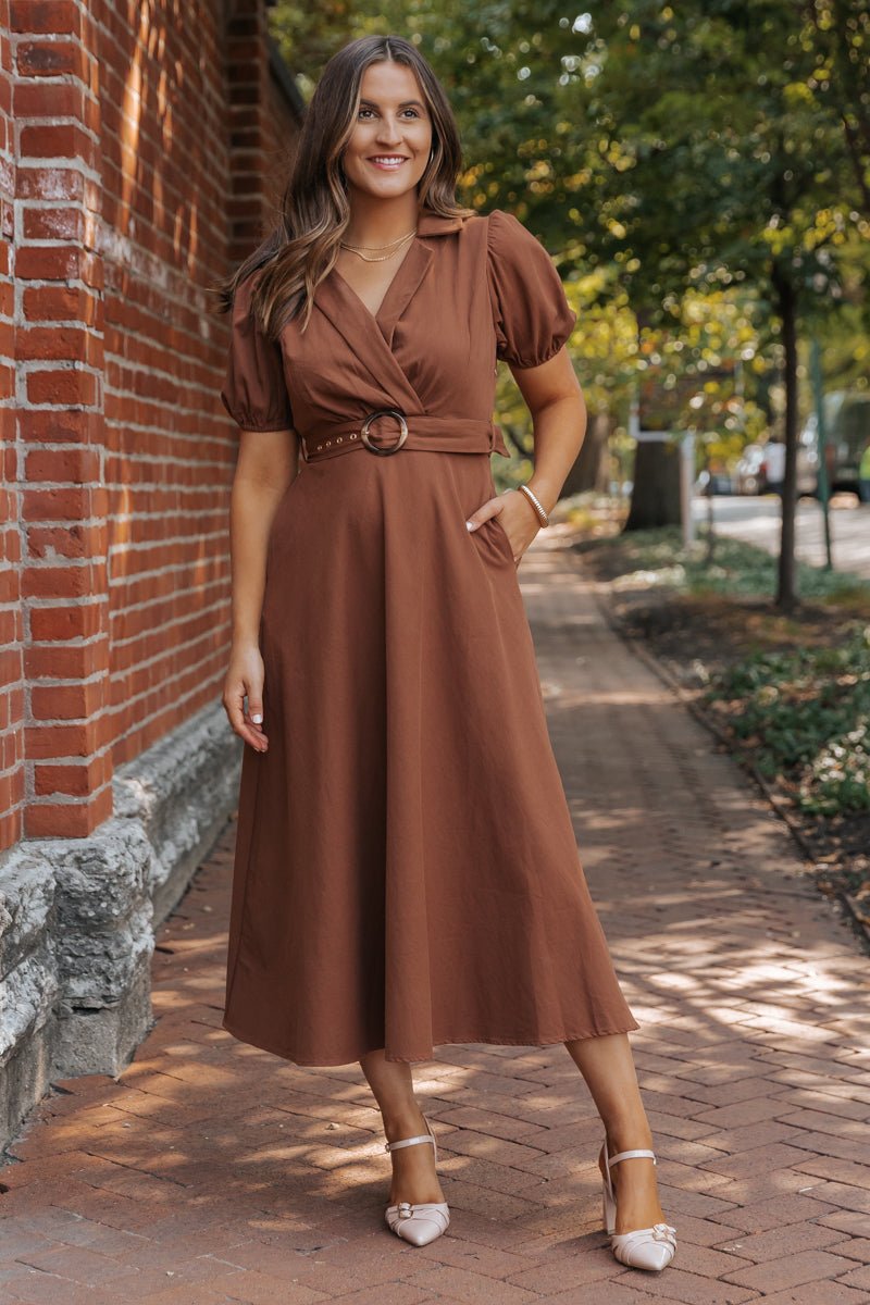 True Autumn Brown Belted Midi Dress - Magnolia Boutique