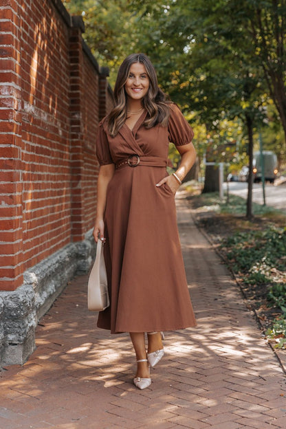 True Autumn Brown Belted Midi Dress - Magnolia Boutique