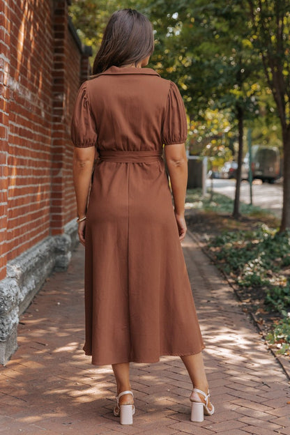 True Autumn Brown Belted Midi Dress - Magnolia Boutique