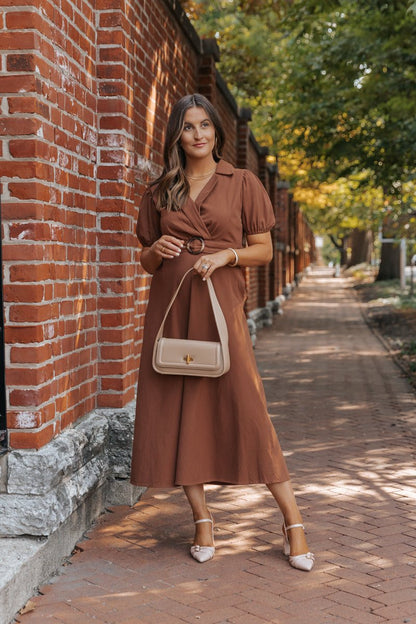 True Autumn Brown Belted Midi Dress - Magnolia Boutique