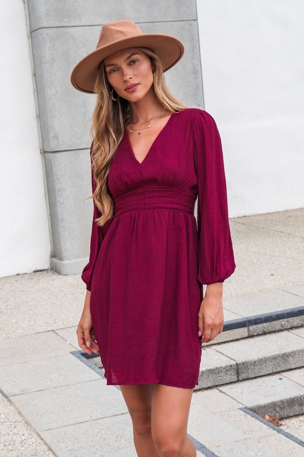 Vanessa Burgundy Ruched Mini Dress Medium | Women's Online Boutique | Boho Chic Style