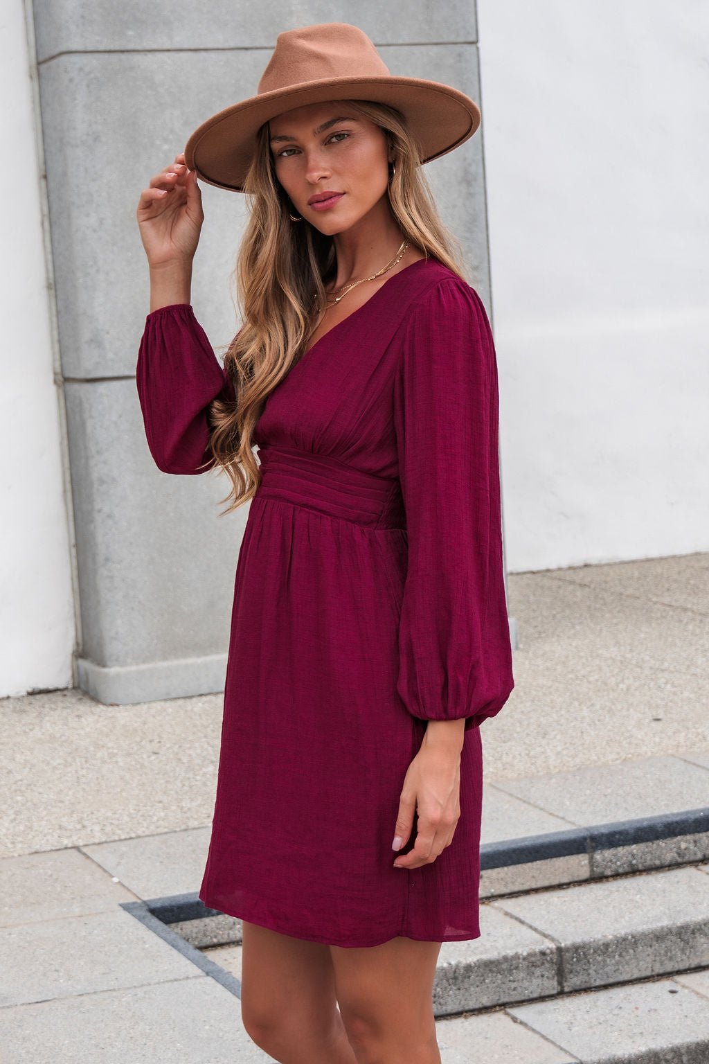 Vanessa Burgundy Ruched Mini Dress Medium | Women's Online Boutique | Boho Chic Style