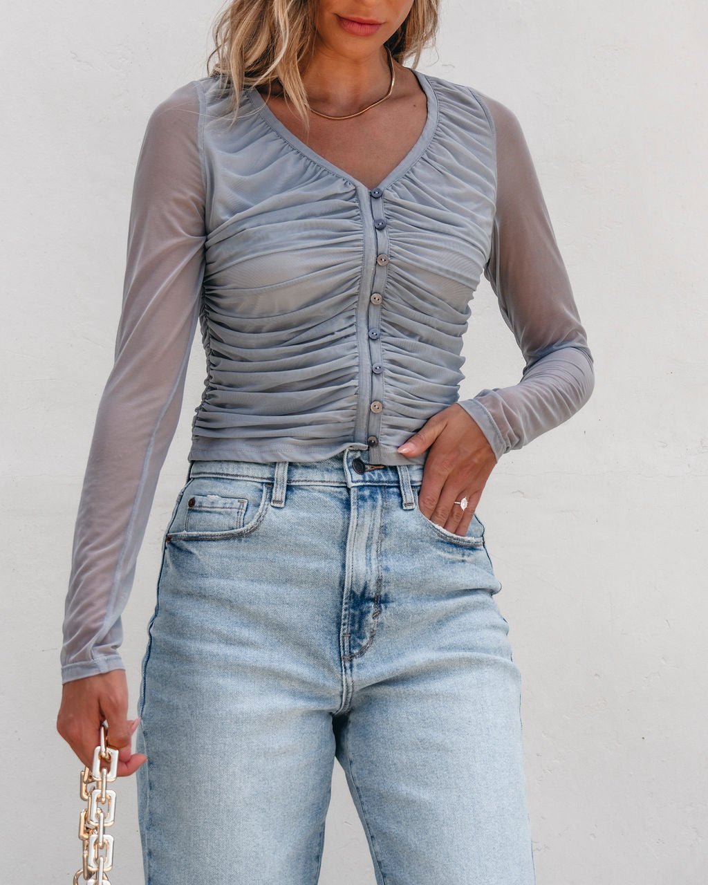 Vienna Sheer Sleeve Corset Top - Grey - Magnolia Boutique