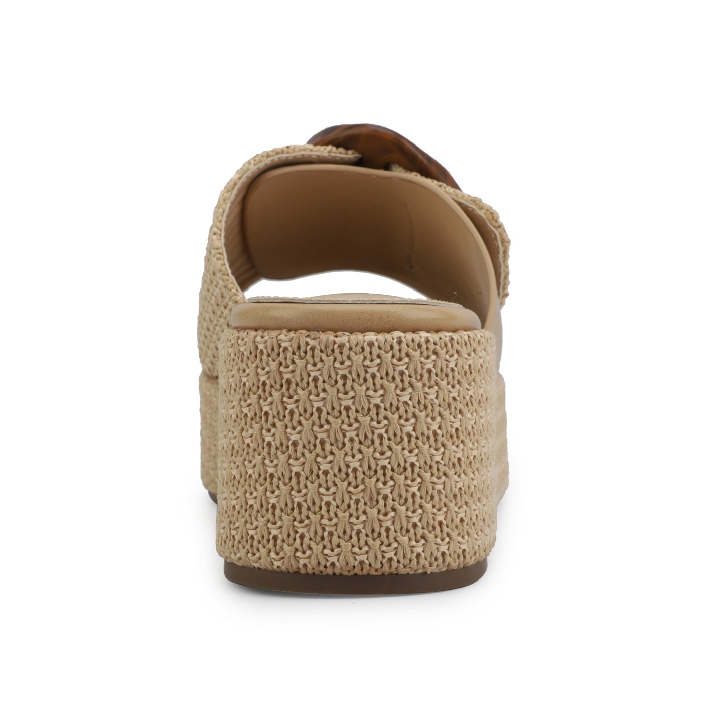 Rear view of Vintage Havana Janette Camel Platform Sandals with a woven sole, open heel, and tortoiseshell buckle on white background.